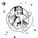 Ariana Grande performing on a cosmic stage surrounded by stars and planets tattoo design idea