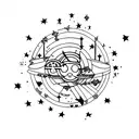 Ariana Grande performing on a cosmic stage surrounded by stars and planets tattoo design idea
