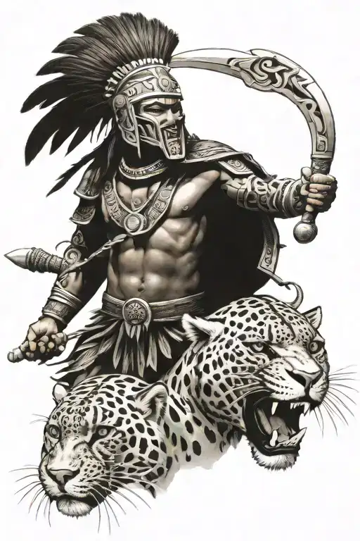 Aztec warrior wearing a jaguar surrounded tattoo design idea