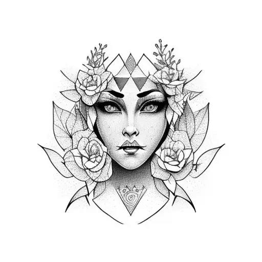 woman elf face with spring symbols tattoo design idea