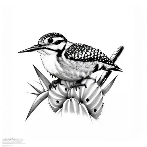 woodpecker with cactus tattoo design idea