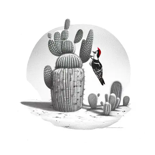 woodpecker with cactus tattoo design idea