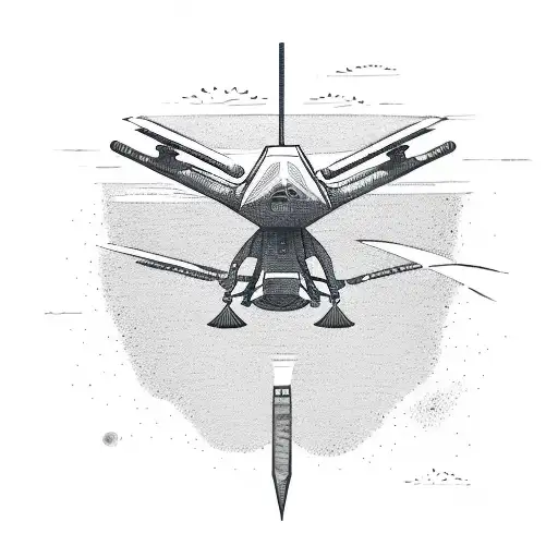 A comic style illustration of a military drone flying over a sandy beach with waves crashing and a emu on a surboar tattoo design idea