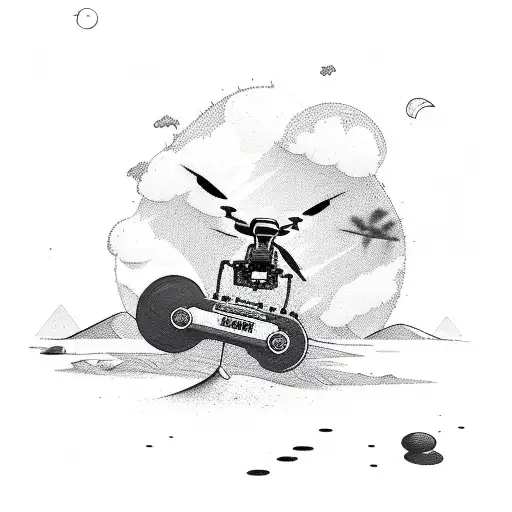 bomb drone crashing on a desert with an emu animal riding a surboard tattoo design idea