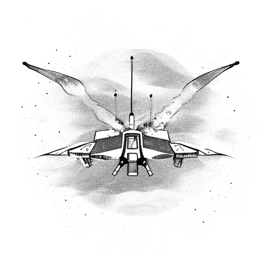 A comic style illustration of a military drone crashing on a desert with an emu on a surboard tattoo design idea