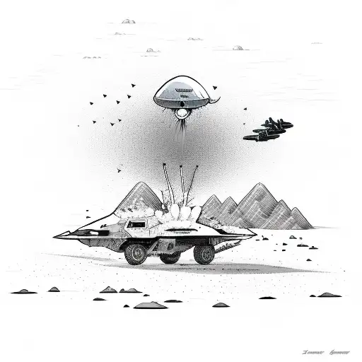 A comic style illustration of a military bomb drone crashing on a desert with an emu on a surboard tattoo design idea