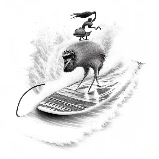 emu riding a surfboard on a dessert tattoo design idea