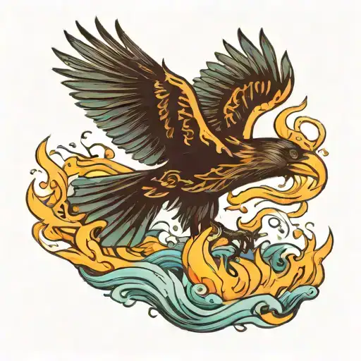 a flying crow carrying the ocean to extinguish fire tattoo design idea