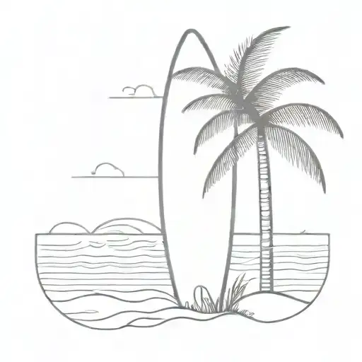one small fine line surfboard leaning against one small fine line palm tree no background tattoo design idea