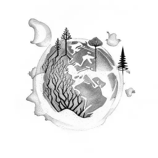 Earth where the seas run out below and a forest burns above and birds fly away tattoo design idea