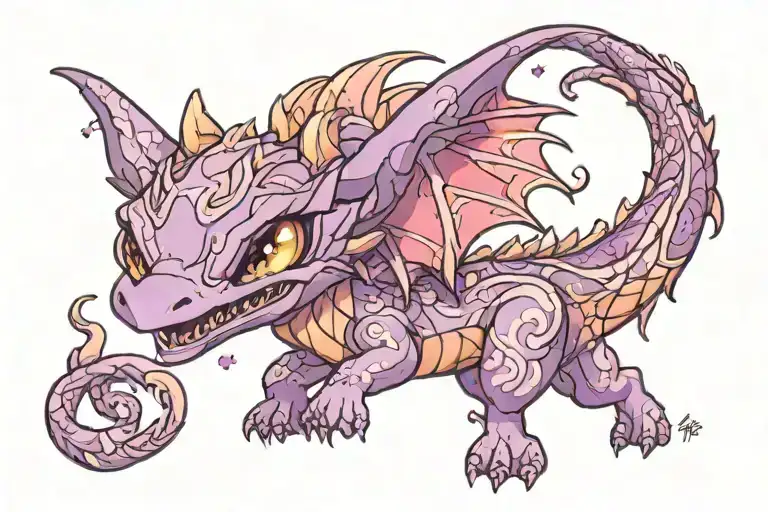 laura annunaki style kawaii purple and pink sparkly glitter baby wyvern tattoo design idea