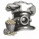 A chef's hat with a camera lens as the top, surrounded by film reels and popcorn tattoo design idea