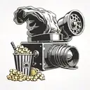 A chef's hat with a camera lens as the top, surrounded by film reels and popcorn tattoo design idea