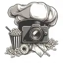 A chef's hat with a camera lens as the top, surrounded by film reels and popcorn tattoo design idea