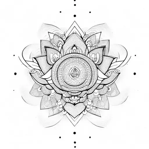 A geometric pattern of lines and dots forming the Om symbol, with a lotus flower in the negative space, and a solar syst tattoo design idea