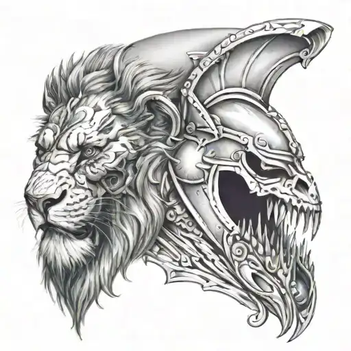 half lion other half skull with spartan helmet on dual perspectave tattoo design idea