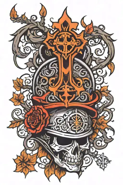 upside down fire helmet with tree of life Celtic cross coming out of helmet tattoo design idea