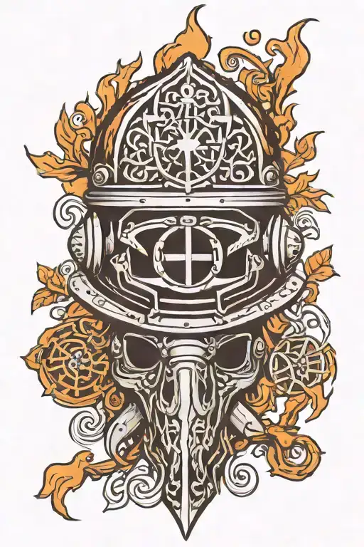 upside down fire helmet with tree of life Celtic cross coming out of helmet tattoo design idea