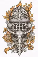 upside down fire helmet with tree of life Celtic cross coming out of helmet tattoo design idea