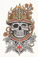 upside down fire helmet with tree of life Celtic cross coming out of helmet tattoo design idea