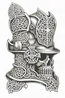 upside down fire helmet with Celtic cross coming out of helmet tattoo design idea