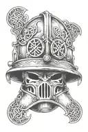 upside down fire helmet with Celtic cross coming out of helmet tattoo design idea