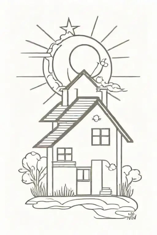 house with a sun  black line work tattoo tattoo design idea