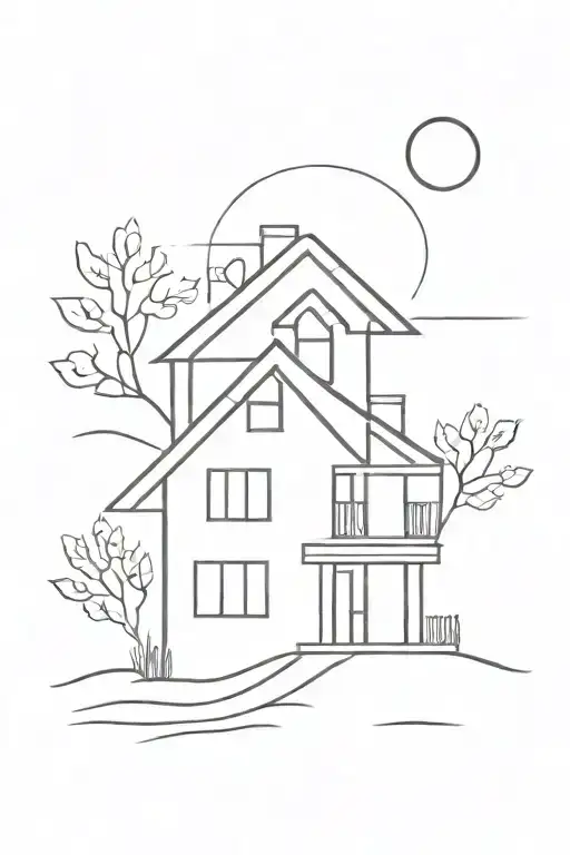 house with a sun in the background black and white line work tattoo design idea