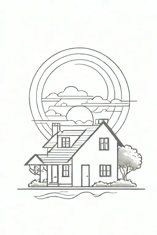 house with a sunset black line work tattoo tattoo design idea