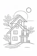house with a sun in the background black and white line work tattoo design idea