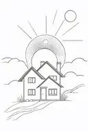 house with a sun in the background black and white line work tattoo design idea