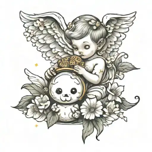 baby angel with cookie and pansie flowers   tattoo design idea