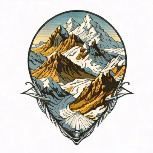 winter ski slope surrounded by towering mountains tattoo design idea