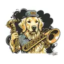 Create a tattoo design featuring a golden retriever Jazz playing the saxophone.  tattoo design idea