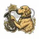 Create a tattoo design featuring a golden retriever Jazz playing the saxophone.  tattoo design idea