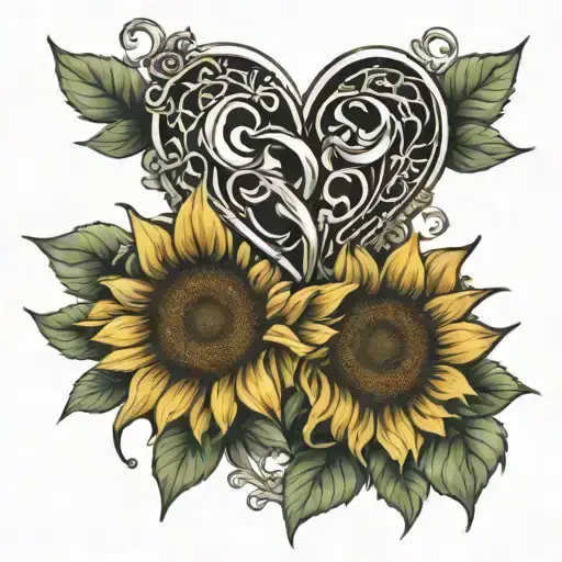 2 linked hearts with a sunflower around it  tattoo design idea