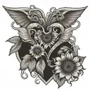 2 linked hearts with a sunflower around it  tattoo design idea