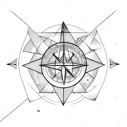 forest at night with moon surrounded by compass and triangle scene including an airplane within the compass geometrics tattoo design idea