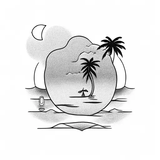 A black-grey tattoo depicting a serene beach scene with palm trees, waves, and a small coffee cup placed on the sand tattoo design idea