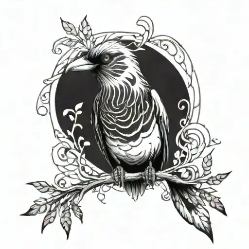 perched bird with intense features looking backwards  tattoo design idea