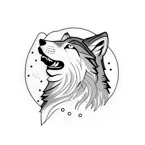 Wolf howling at the full moon, tribal style, line drawing, black and white tattoo design idea