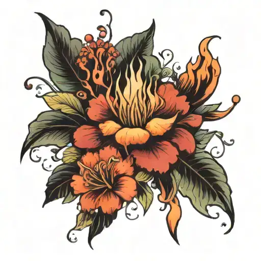 feminine erupting volcano that’s erupting flowers and beautiful foliage tattoo design idea