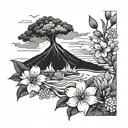 erupting volcano that’s erupting flowers and beautiful foliage - make it feminine tattoo design idea