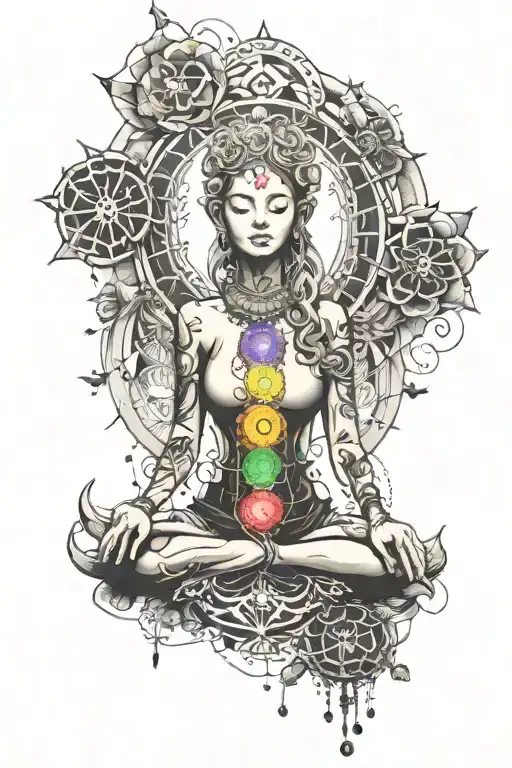 7 chakras and quotes incorporated tattoo design idea