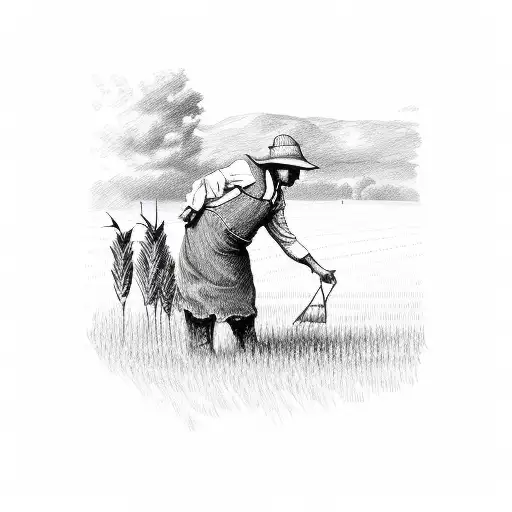 A sketch of a farmer sowing seeds in a vast cornfield tattoo design idea