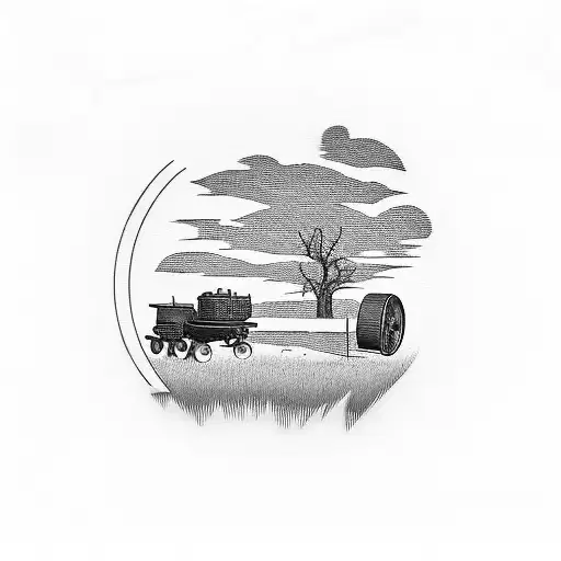 A cornfield at sunset with a silhouette of a tractor in the distance tattoo design idea