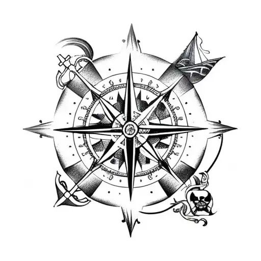 A pirate ship sailing through a stormy sea with a compass rose in the background tattoo design idea