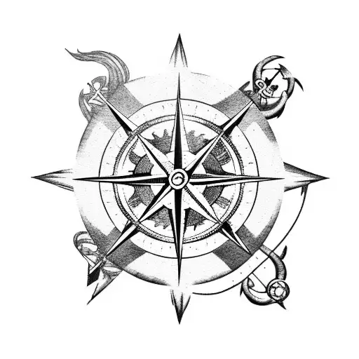 A pirate ship sailing through a stormy sea with a compass rose in the background tattoo design idea