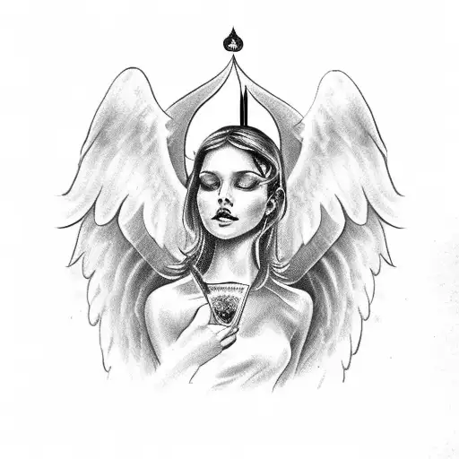 A deck of cards with angel wings and a halo, symbolizing luck and protection tattoo design idea