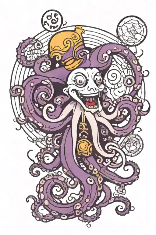 evil octopus under moon, with a clown and devil, mostly dark purple  tattoo design idea